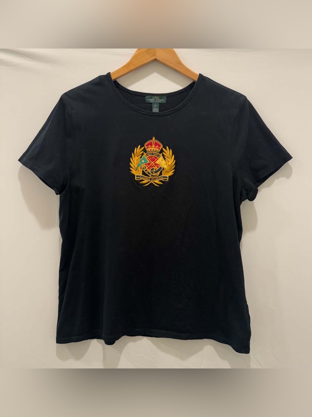 Ralph Lauren Vintage Black Short-Sleeve Crewneck Tee Embroidered Crest Y2K XL